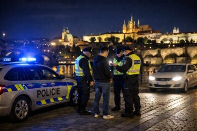 Noční policejní kontrola na pražském nábřeží, součást akce Prostor zaměřené na veřejný pořádek a pouliční kriminalitu.