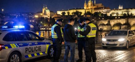 Noční policejní kontrola na pražském nábřeží, součást akce Prostor zaměřené na veřejný pořádek a pouliční kriminalitu.