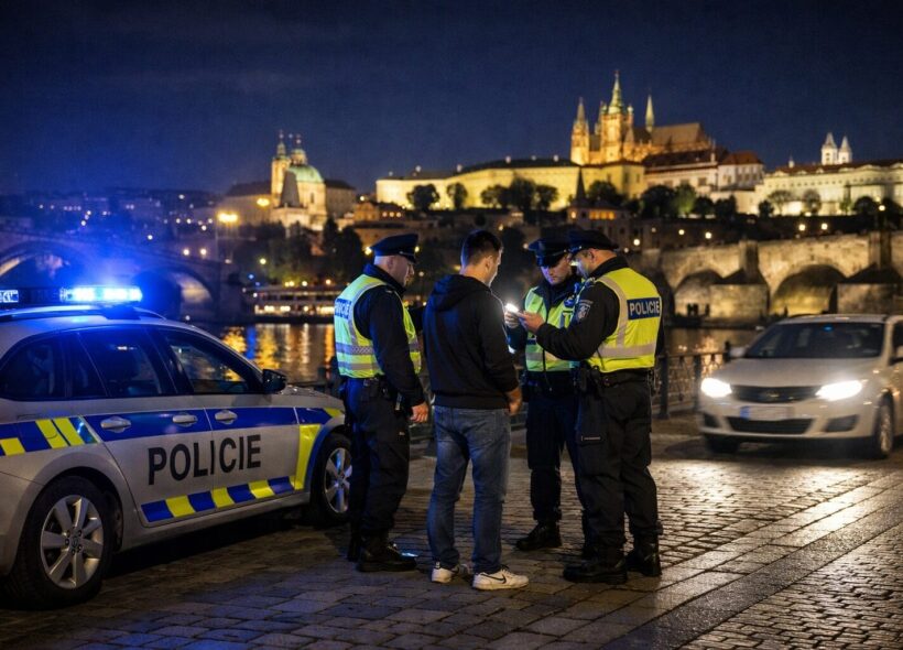 Noční policejní kontrola na pražském nábřeží, součást akce Prostor zaměřené na veřejný pořádek a pouliční kriminalitu.