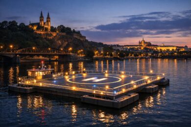 Vizualizace plovoucího heliportu na Vltavě u Vyšehradu. Praha ho chce dokončit do roku 2027 jako zázemí pro leteckou záchrannou službu.