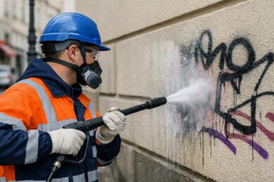 Pracovník při čištění nelegálních graffiti z fasády domu na Smíchově. Antigraffiti program Prahy 5 zajišťuje rychlé odstranění čmáranic i ochranné nátěry, které pomáhají udržet městské ulice čisté.