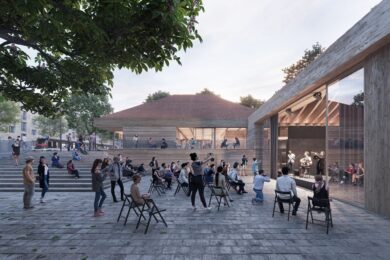 Vizualizace nové podoby kulturního centra Kaštan, které projde rozsáhlou rekonstrukcí a dostavbou podle vítězného návrhu architektonické soutěže.