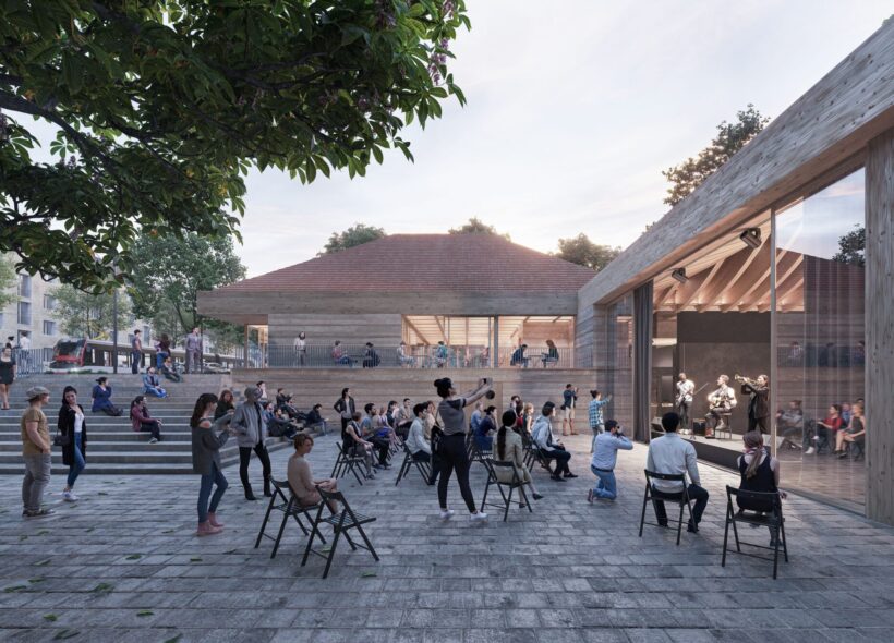 Vizualizace nové podoby kulturního centra Kaštan, které projde rozsáhlou rekonstrukcí a dostavbou podle vítězného návrhu architektonické soutěže.