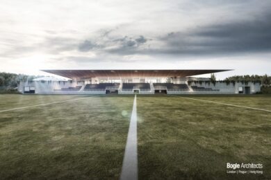 Vizualizace nové kryté tribuny ragbyového areálu na Smíchově. Moderní stavba od Bogle Architects nabídne komfortní zázemí pro hráče i diváky a výrazně zvýší kapacitu sportoviště.