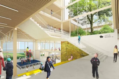Interiér plánované ZŠ Smíchov City, která vznikne na bývalých drážních pozemcích a nabídne moderní zázemí pro 580 žáků.