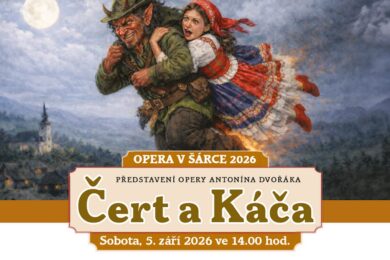 Plakát k letošnímu open‑air uvedení Dvořákovy opery Čert a Káča v přírodním divadle v Divoké Šárce, které se uskuteční 5. září od 14 hodin.