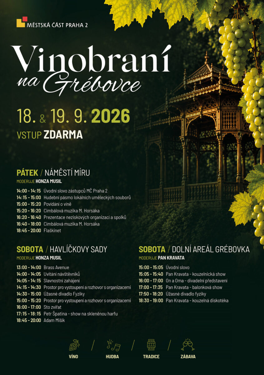 Vinobraní na Grébovce odstartuje v pátek 18. září na náměstí Míru, v sobotu se program přesune do Havlíčkových sadů a dolního areálu Grébovky. Návštěvníky čeká hudba, divadlo, kouzelnická show i program pro celé rodiny. Vstup je zdarma.