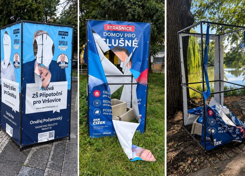Předvolební kostky v Praze 10 se staly terčem vandalů. Poškození se netýká pouze SPD Jana Čížka, ale také poutačů dalších politických stran. SPD podle svého lídra eviduje tři odcizené a nejméně deset poškozených kostek.