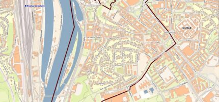 Červeně vyznačená oblast Podolí a Nuslí, kde Praha 4 od čtvrtka 15. října 2026 zahájí postupnou změnu dopravního značení parkovacích zón. Část fialových zón se změní na modré a upraví se také jejich provozní doba.
