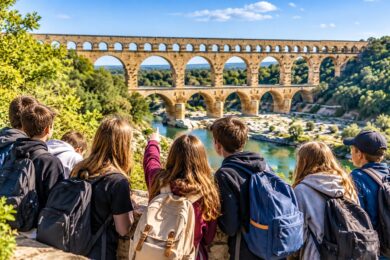 Školáci na ilustračním snímku objevují slavný římský akvadukt Pont du Gard ve Francii. Praha 1 podpoří zahraniční výjezdy žáků tří základních škol do partnerských měst Nîmes a Orvieto celkem 300 tisíci korunami.