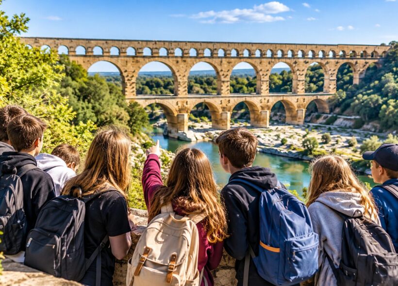 Školáci na ilustračním snímku objevují slavný římský akvadukt Pont du Gard ve Francii. Praha 1 podpoří zahraniční výjezdy žáků tří základních škol do partnerských měst Nîmes a Orvieto celkem 300 tisíci korunami.
