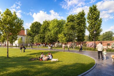 Vizualizace plánované revitalizace parku Kampa v Praze 1. Ještě letos zde dojde k výměně veřejného osvětlení za tradiční „Pražské lucerny“, samotná revitalizace parku má začít v roce 2027.