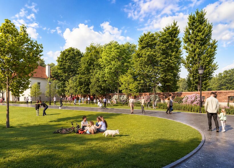 Vizualizace plánované revitalizace parku Kampa v Praze 1. Ještě letos zde dojde k výměně veřejného osvětlení za tradiční „Pražské lucerny“, samotná revitalizace parku má začít v roce 2027.