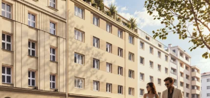 Vizualizace budoucí podoby činžovního domu Družstevní 5 v pražských Nuslích. Projekt společnosti PSN nabídne po rekonstrukci 32 jednotek, některé s terasami, a společný dvůr s posezením a grilem. Dokončení se plánuje na druhé čtvrtletí roku 2028.