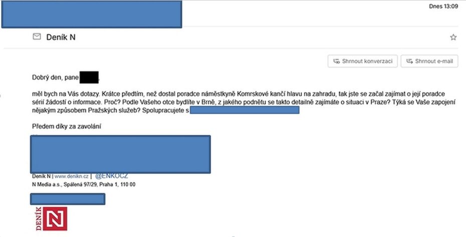 E-mail novináře Deníku N, v němž se Richarda K. ptá na souvislost jeho žádostí spojenou s kauzou kančí hlavy.