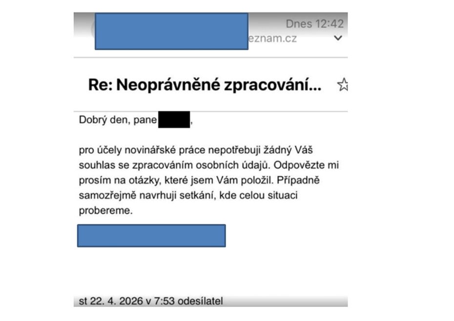 Odpověď novináře na výhradu týkající se zpracování osobních údajů. 