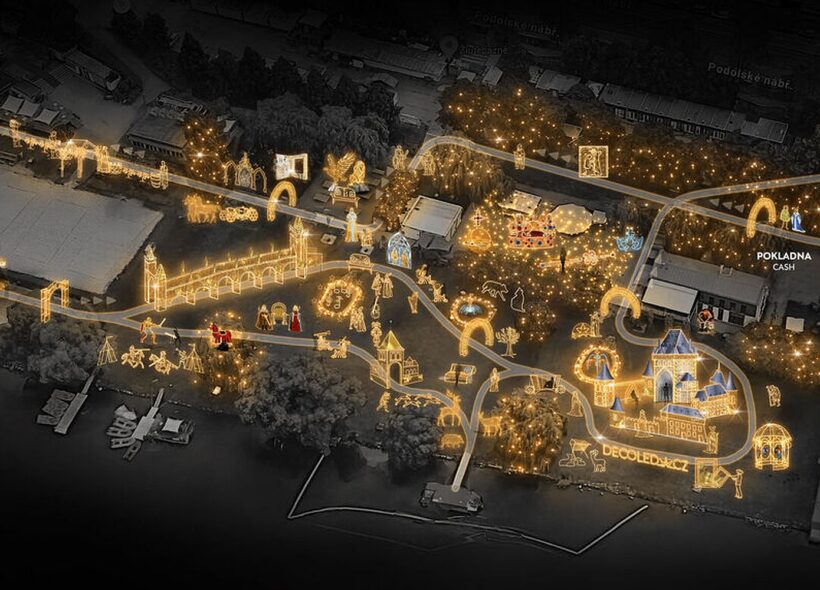 Mapa světelné výstavy Story of Lights v pražských Žlutých lázních zachycuje rozmístění jednotlivých instalací. Letošní ročník věnovaný Karlu IV. nabízí více než 110 světelných objektů a téměř čtvrt milionu LED diod.